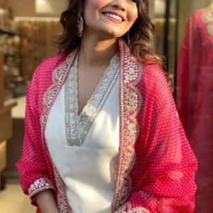 Designer White Kurti with Pant and Red Dupatta Set