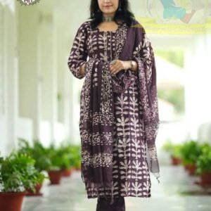 Designer Wine Batik Print Kurti with Pant and Dupatta Set