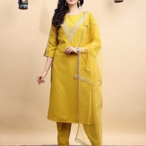 Designer Yellow Embroidered Cotton Kurta Pant Dupatta Set
