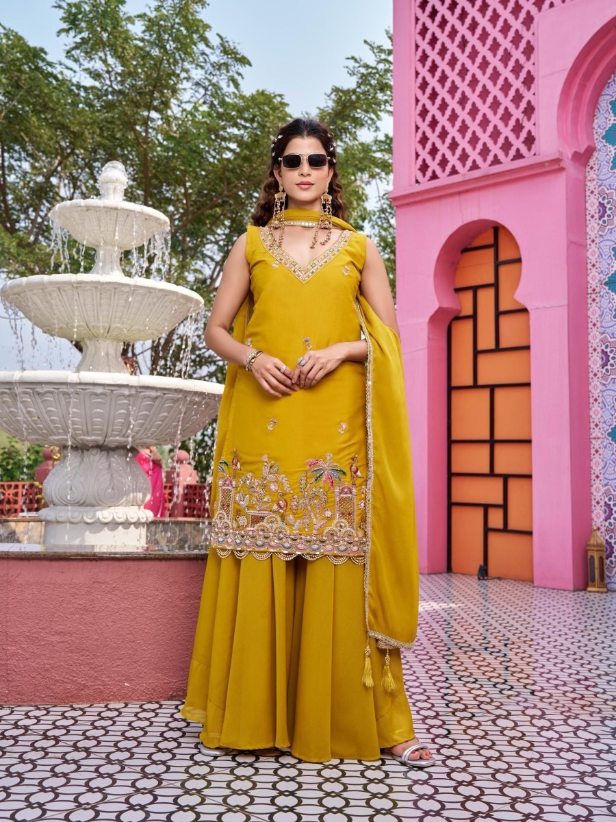 designer yellow georgette pala 1773395861 Designer Yellow Georgette Palazzo Set With Thread Embroidery Work