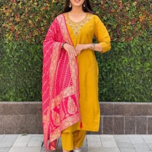 Designers Roman Silk With Hand Work yellow Kurti Pent Set