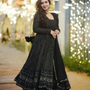 Devi vol 1 Black Faux Georgette With All over Embroidery Work Gown with Dupatta