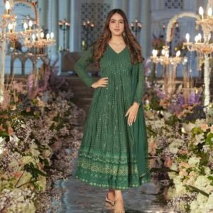 Devi vol 1 Dark Green Faux Georgette With All over Embroidery Work Gown with Dupatta
