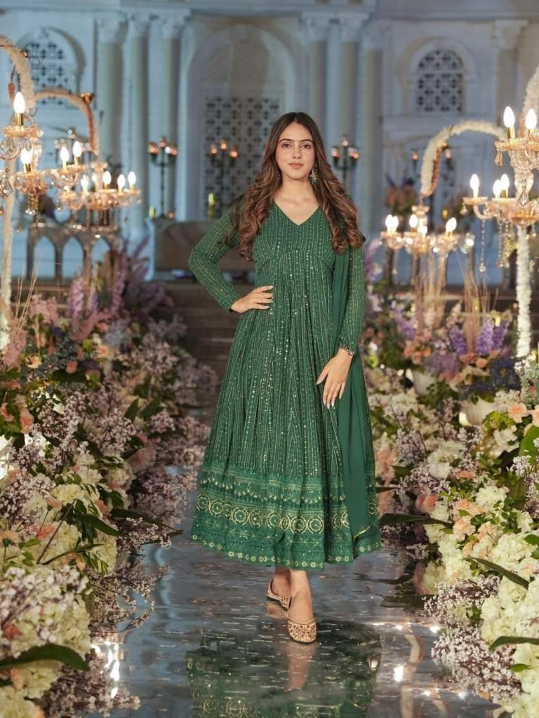 devi vol 1 dark green faux geo 1712642779 Devi vol 1 Dark Green Faux Georgette With All over Embroidery Work Gown with Dupatta