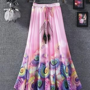 Digital Print Silk Ladies Carnation Color Skirt and Fancy Dori