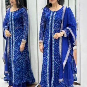Digital Print With Embrodery Work Heavy Faux Georgette Ambrela Cut Palazo Kurtis Set