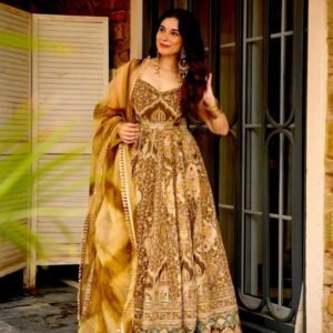 Digital Printed Oragnza Anarkali Brown Color Gown