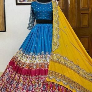 Digital Printed Butter Silk Blue Lehenga Choli