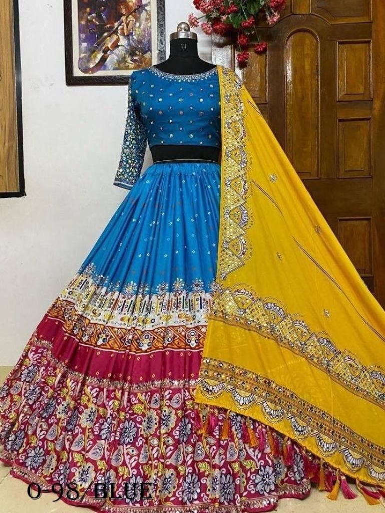 digital printed butter silk bl 1725101245 Digital Printed Butter Silk Blue Lehenga Choli