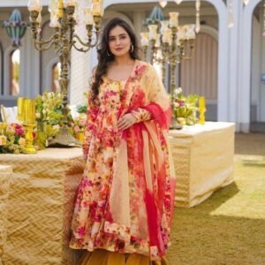 Digital Printed Muslin Anarkali Gown Set