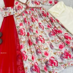 Digital Printed white Alia Cut Suit With Hand Work Neck