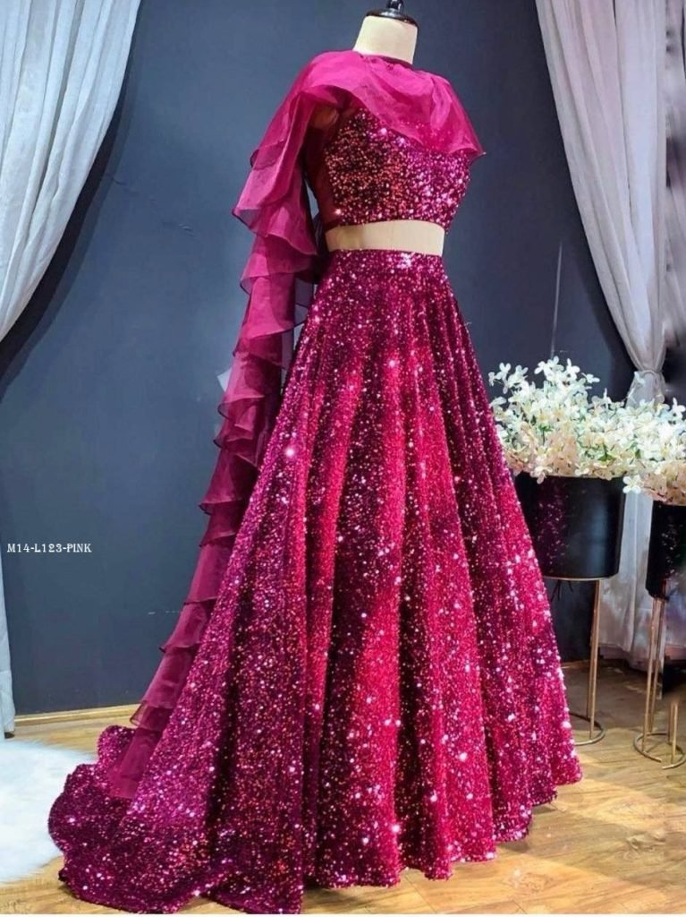 dj special velvet sequence ran 1718103101 DJ Special Velvet Sequence Rani Pink Lehenga Choli With Ruffle Dupatta