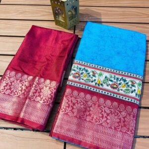 Dola Silk Digital Kalamkari Dark Blue Saree With Jacqurad Weaving