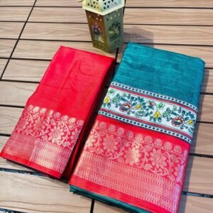 Dola Silk Digital Kalamkari Printed Pine Green Saree With Jacqurad Weaving
