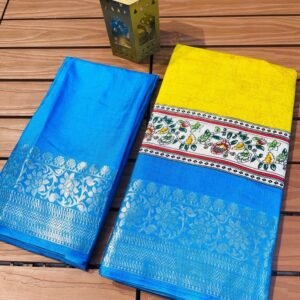 Dola Silk Digital Kalamkari Yellow Saree With Jacqurad Weaving