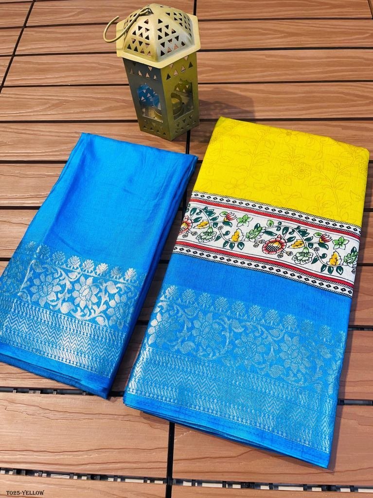 dola silk digital kalamkari ye 1718003921 Dola Silk Digital Kalamkari Yellow Saree With Jacqurad Weaving