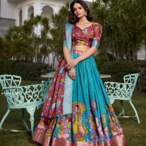 Dola Silk Firozi Lehenga Choli with Kalamkari Print