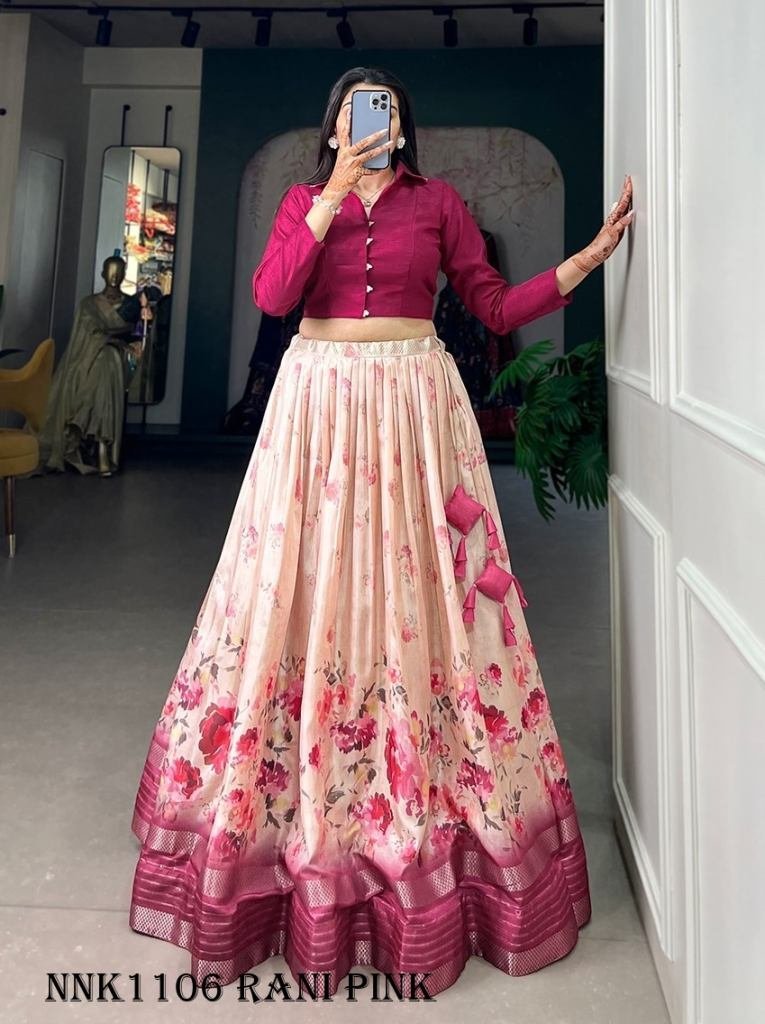 dola silk rani pink lehenga 1717410797 Dola Silk Rani Pink Floral Print Lehenga