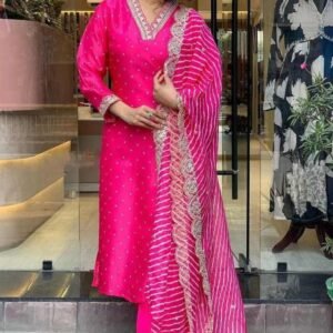 Dreamy Heavy Pink Banana Cotton Silk Kurti Pant with Digital Print Dupatta Set