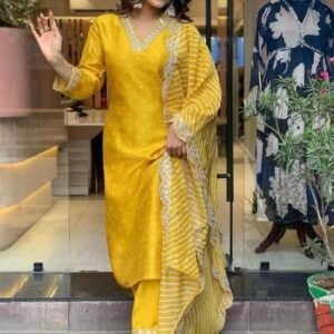 Dreamy Heavy Yellow Banana Cotton Silk Kurti Pant with Digital Print Dupatta Set