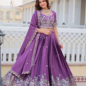 Elegant Purple Real Modeling Classic Heavy Work Pure Chinon Lehenga Choli