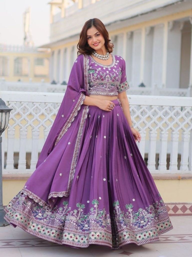 eggplant purple real modeling 1735377555 Elegant Purple Real Modeling Classic Heavy Work Pure Chinon Lehenga Choli