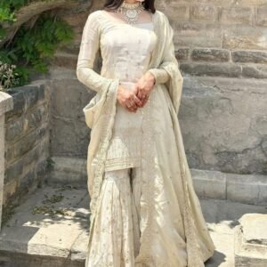 Eid Collection Ready To Wear Chinnon Silk White Sharara Suit
