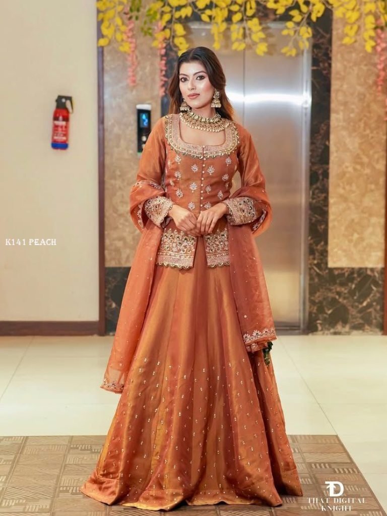 eid spiceal peach simmer silk 1740223810 Eid Special Rust Orange Simmer Silk Lehenga Set