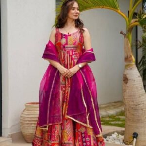 Elegance Anarkali Chinon Silk Kurtis With Organza Dupatta