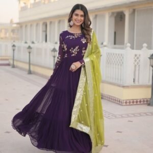 Elegance Embroidered Faux Georgette Purple Gown with Russian Silk Dupatta