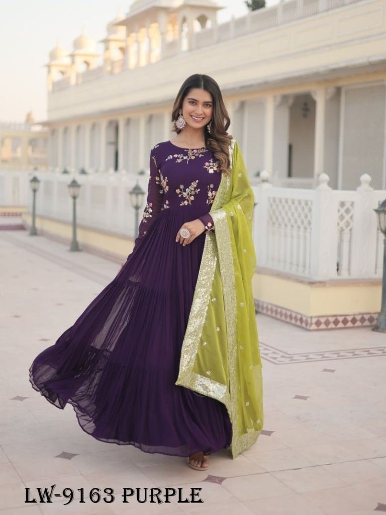 elegance embroidered faux geor 1717482682 Elegance Embroidered Faux Georgette Purple Gown with Russian Silk Dupatta