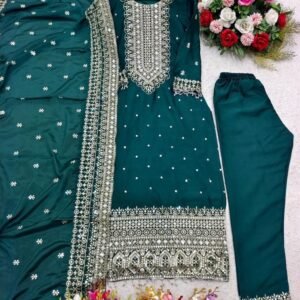 Elegance Kurti Set Designer Rama Green Outfit with Pants Dupatta