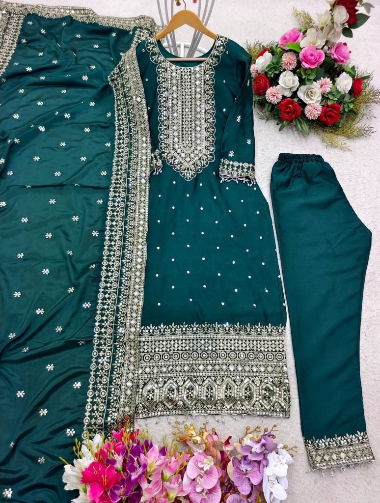 elegance kurti set designer ra 1732697468 Elegance Kurti Set Designer Rama Green Outfit with Pants Dupatta
