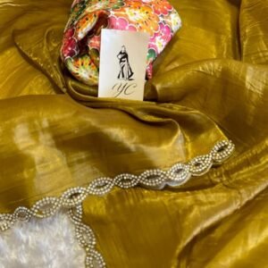 Elegant Ajarak Print Gold Soft Tissue Silk Saree