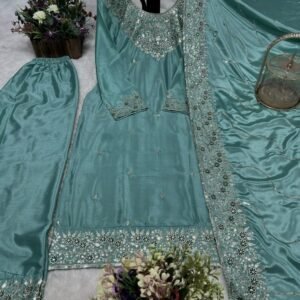 Elegant Chinon Silk With Thread Work Light Teal green Kurti Set