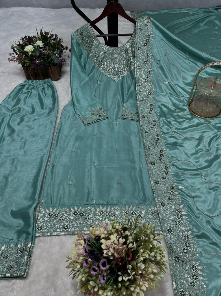 elegant chinon silk with threa 1743675407 Elegant Chinon Silk With Thread Work Light Teal green Kurti Set