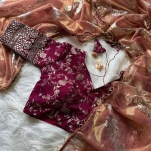 Elegant Dinner Golden Peach Saree With Attractive Foil Work