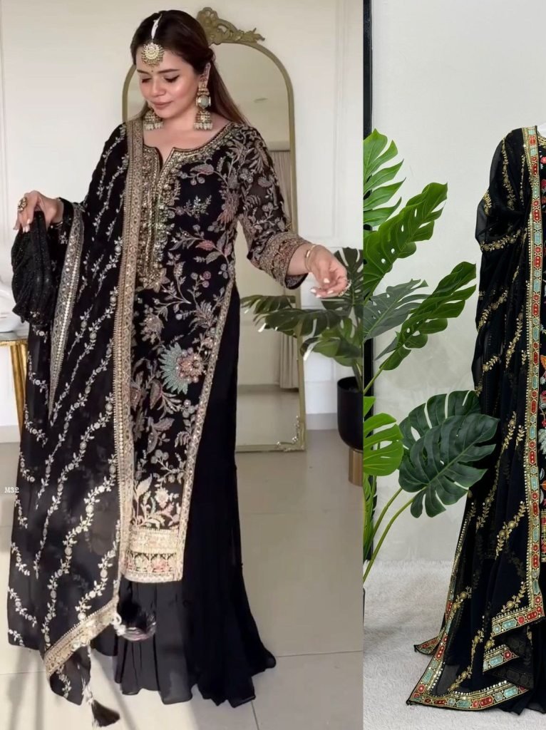 elegant foux georgette thread 1742992728 Elegant Foux Georgette Thread Work Black Sharara Set