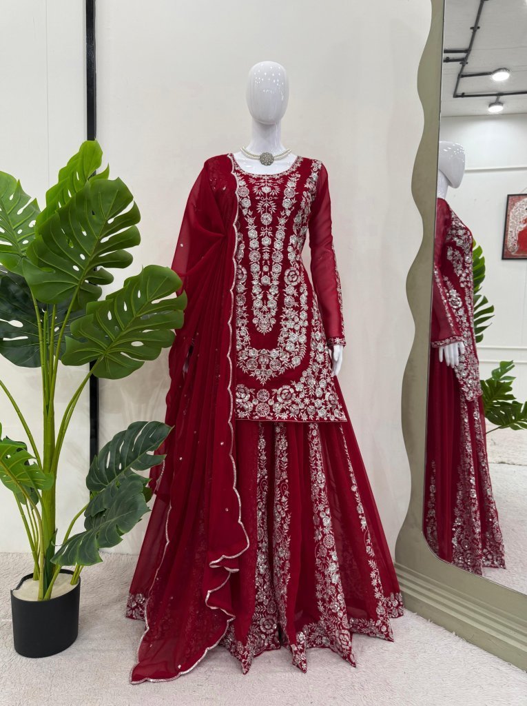 elegant foux georgette with se 1743852536 Elegant Foux Georgette With Sequence Work Red Palazo Set