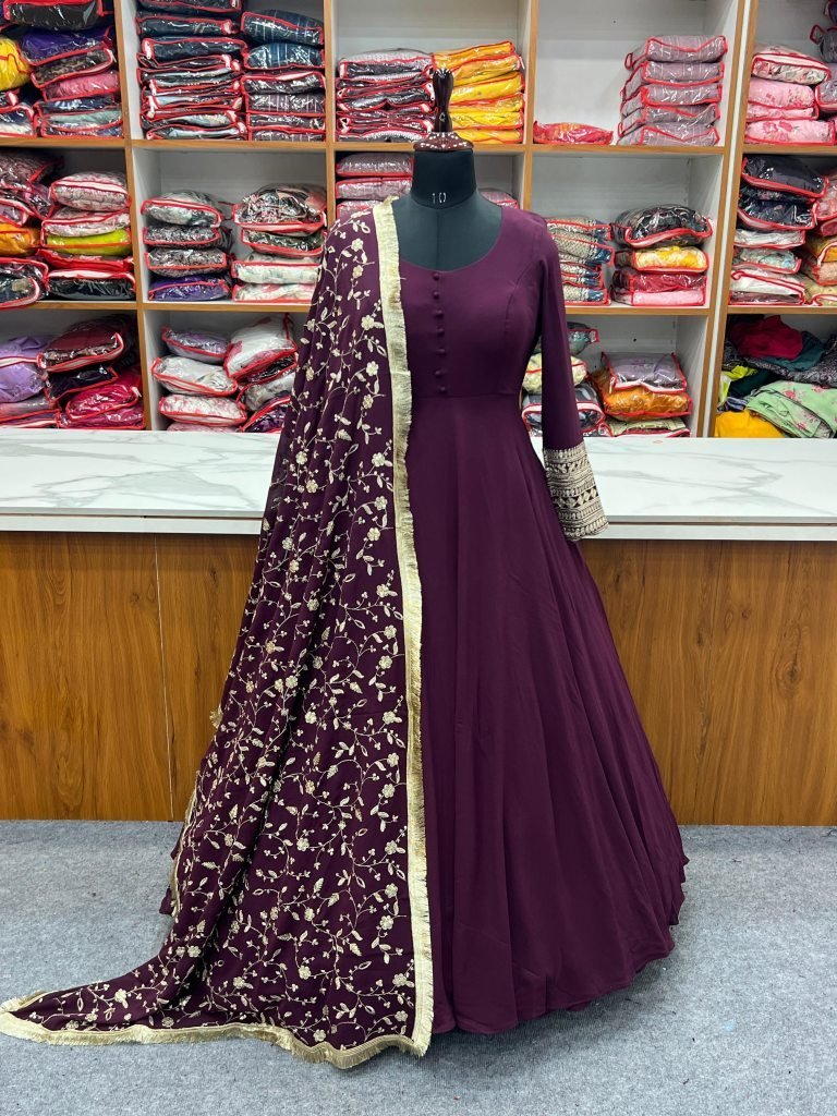 elegant fox georgette with seq 1743242773 Elegant Fox Georgette With Sequence Work Dupatta Wine Gown