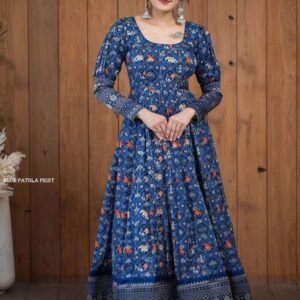 Elegant Full Sleeve Blue Patola Print Gown