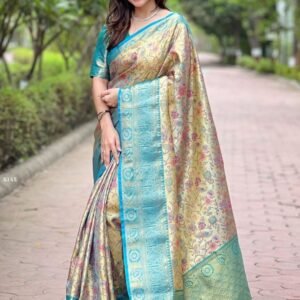 Elegant Golden Beige And Sky Blue Silk Saree With Blouse
