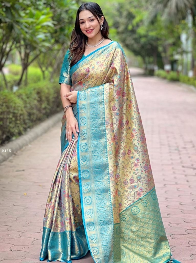 elegant golden beige sky blue 1740400370 Elegant Golden Beige And Sky Blue Silk Saree With Blouse