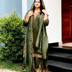 Elegant Green Embroidered Sharara Suit Festive Party Wear