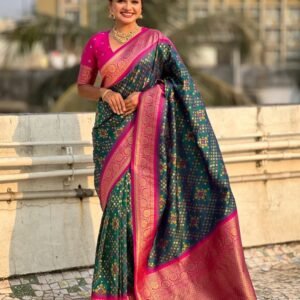 Elegant Green Patola Silk Sarees With Meenakari Ikkat Weaves