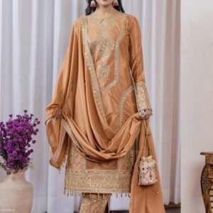 Elegant Light Brown Embroidered Suit For Festive