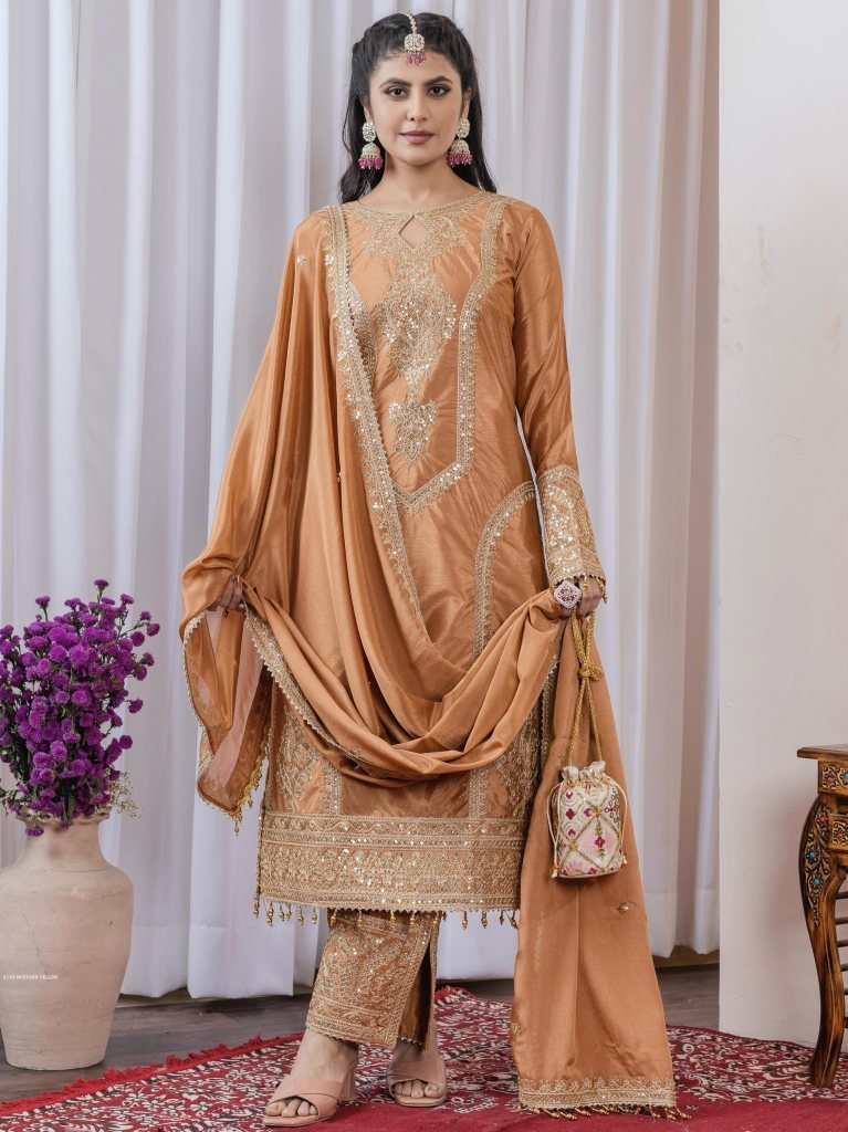 elegant mustard yellow embroid 1740135447 Elegant Light Brown Embroidered Suit For Festive