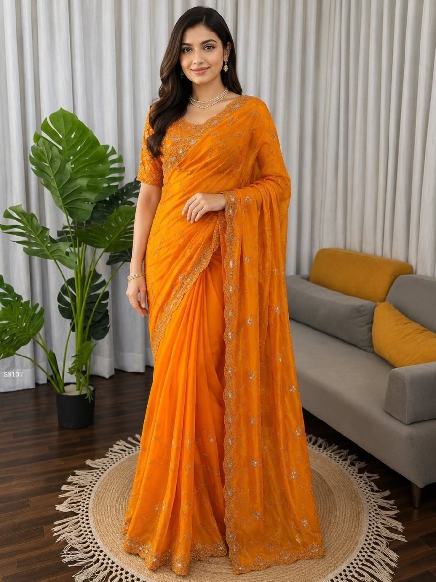 elegant orange embroidered sar 1778482089 Elegant Orange Embroidered Saree for Women