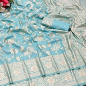 Elegant Party Wear Sky Blue Dola Silk Saree Collection