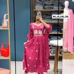 Elegant Pink Kurti Set With Bandhej